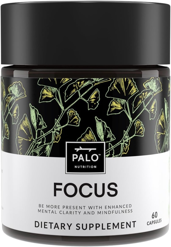 PALO FOCUS Brain Booster Supplément naturel Nootropic pour mémoire, focus, apprentissage, réalité, attention et cognition - Ginkgo Biloba, Bacopa, Gotu Kola, Ashwagandha, Mucuna 60 capsules