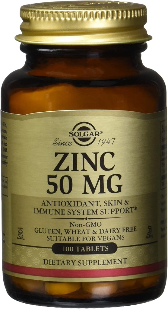 Solgar Zinc 50 Mg, 100 comprimés - Zinc pour une peau saine, le système immunitaire et le soutien antioxydant- 100 portions, 100 comtes (paquet de 12)