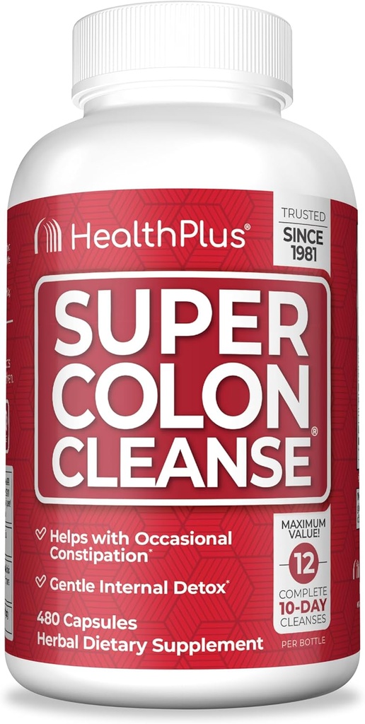 Health Plus Super Colon Cleanse 120 jours d'approvisionnement en désinfectant doux Gut Cleanse Detox, Psyllium Husk, Probiotiques pour le soulagement de la constipation et le soutien digestif, 480 capsules