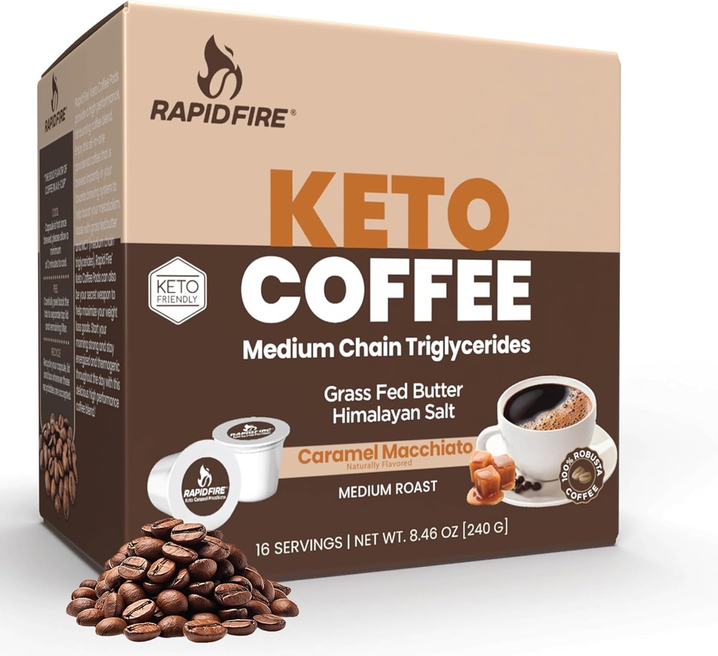 Caramel à feu rapide Macchiato Kétogénique haute performance de café Keto, soutient l'énergie et le métabolisme, la gestion du poids, une tasse K de service unique, brun, 16 comte