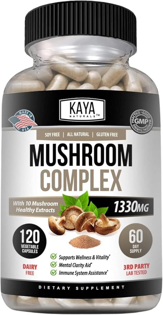 Kaya Naturals Complexe Champignon Premium Potentiel - Supplément Champignon - Capsules Complexe Champignon 1995mg Par Service - Aides La clarté mentale soutient le système immunitaire, le mieux-être et la vitalité - 120 Compte