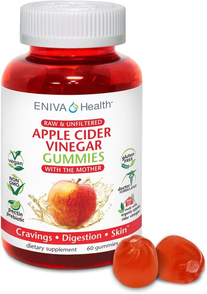 Eniva Health Apple Cider Vinegar Gourmet Gummy Vitamins 60 Ct USDA Organic ACV Vegan Gluten Free Non-GMO with The Mother B9 B12 Beetroot Pomegranate Energy Curb Cravings Detox Cleanse Immunity