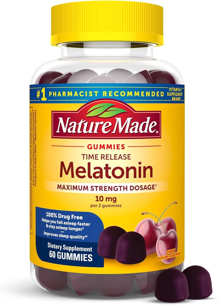Nature Made Time Release Mélatonine Gommies 10mg par portion, dosage de force maximale Aide au sommeil pour les adultes, 100% sans médicament, 60 Gommies, 30 jours d'approvisionnement