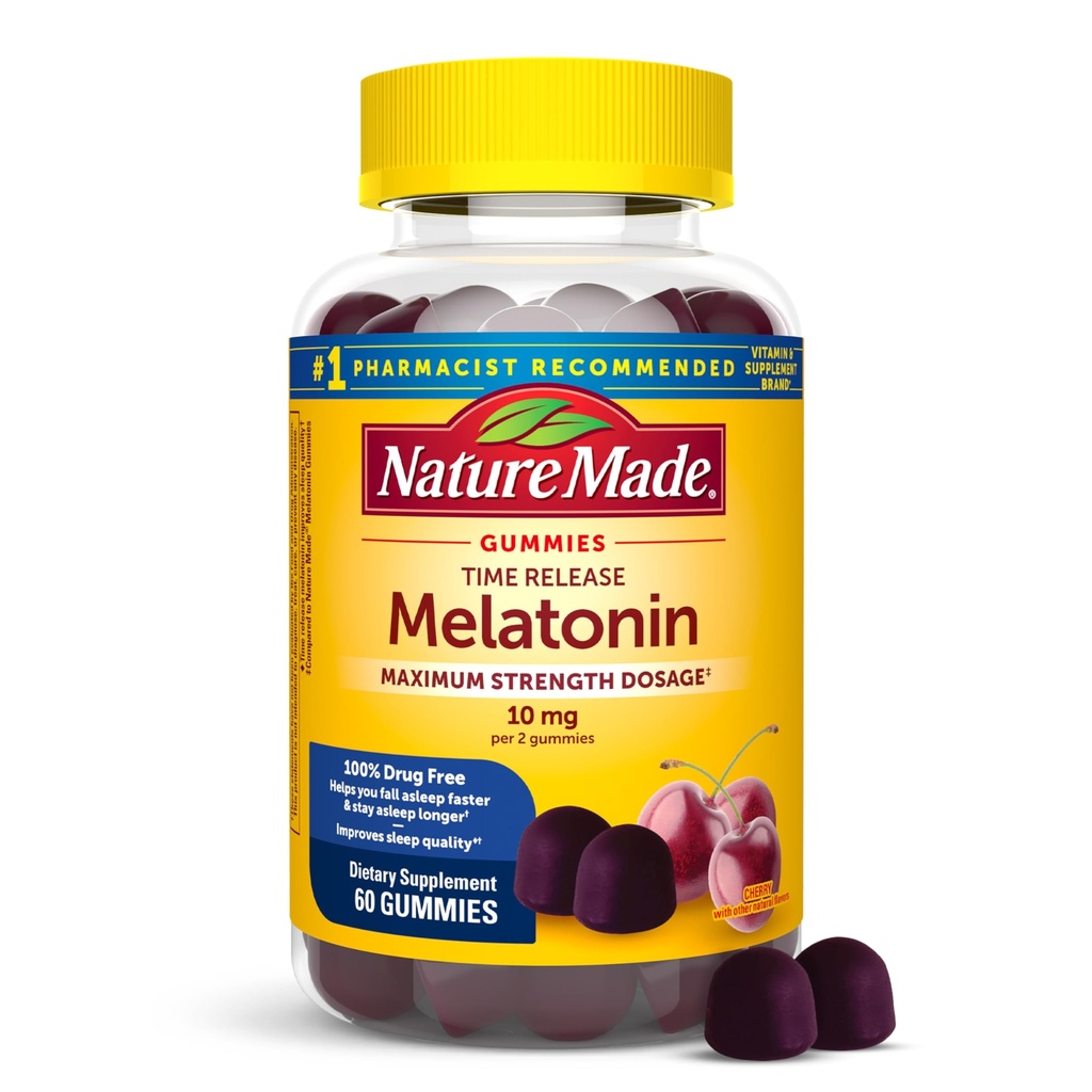 Nature Made Time Release Mélatonine Gommies 10mg par portion, dosage de force maximale Aide au sommeil pour les adultes, 100% sans médicament, 60 Gommies, 30 jours d'approvisionnement