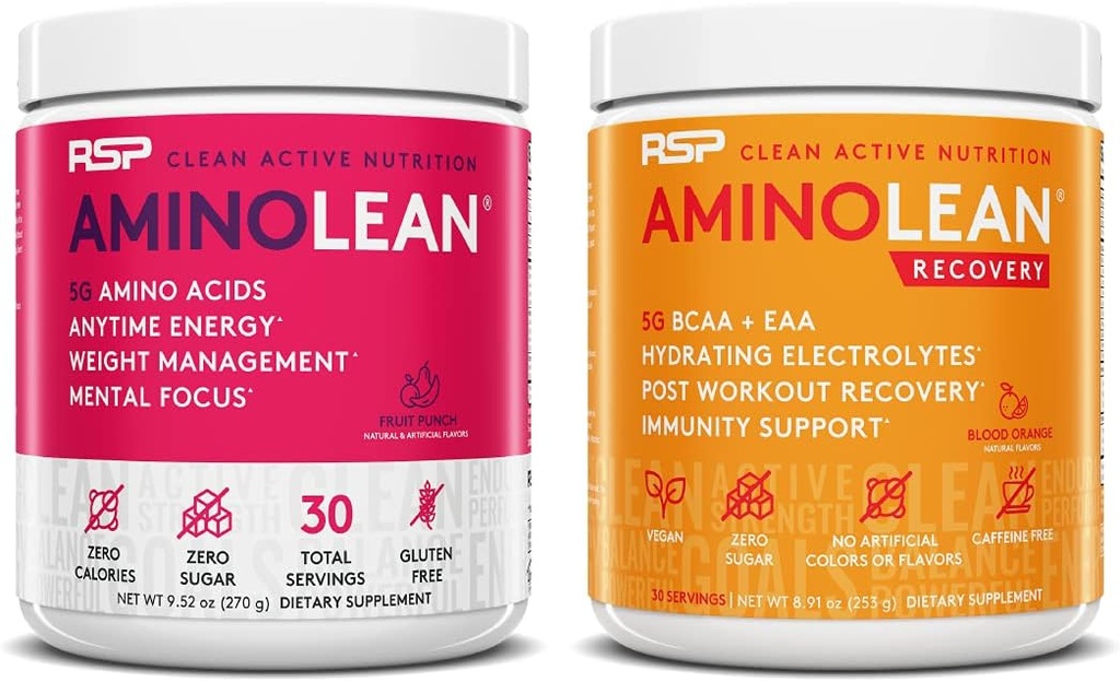 RSP NUTRITION AminoLean Énergie de préentraînement (Fruit Punch 30 portions) avec AminoLean Recovery Post Workout Boost (Blood Orange 30 portions)