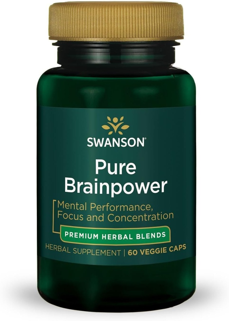 Swanson Pure Brainpower Cerveau Santé Mémoire cognitive Focus Soutien Facteur neurotrophique dérivé du cerveau (BDNF) Supplément à base de plantes (Ginkgo Biloba, Bacopa Monnieri) 60 Capsules de Veggie (Veg Caps) Vegan