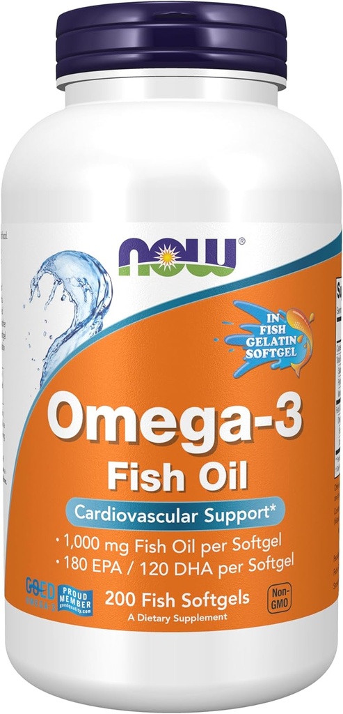 MAINTENANT compléments alimentaires, Omega-3 180 EPA / 120 DHA, Distillé moléculairement, soutien cardiovasculaire*, gélatine de 200 poissons Softgels, l'emballage peut varier