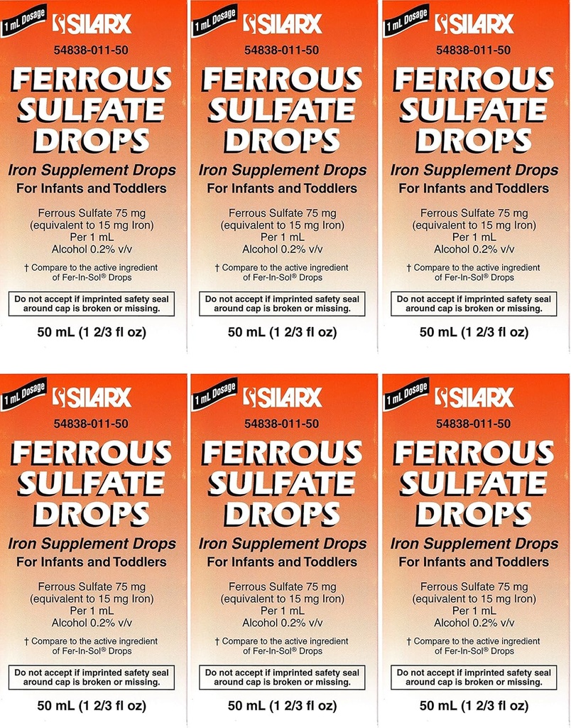 Pouces ferreuses supplément de fer Flaveur de menthe poivrée Générique pour Enfamil Fer-In-Sol suppléments de fer gouttes pour les nourrissons, les jeunes enfants et les enfants mesure goutteur inclus 50 ml par boîte de bouteille de 6