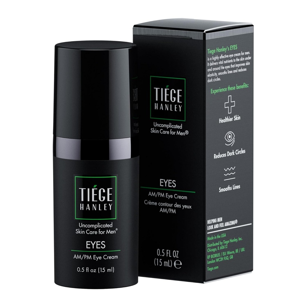 Tiege Hanley Crème pour les yeux pour les hommes Réduit les cercles sombres, les sacs sous les yeux, le puffines et les pieds de crows – Anti-Aging sous traitement des yeux, 0,5 oz