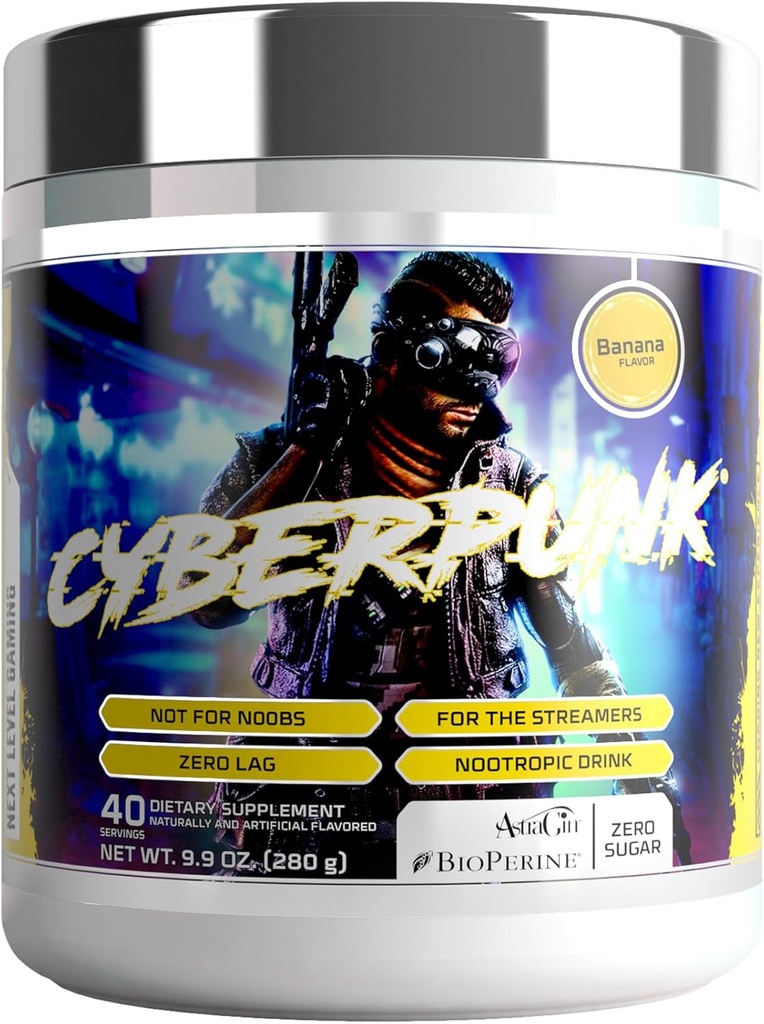 CYBERPUNK Gaming Powder Supplement | Energy & Focus Nootropic Drink | Adaptogen Formula + Vitamins & Minerals | Natural Ingredients | 40 Servings (Banana)