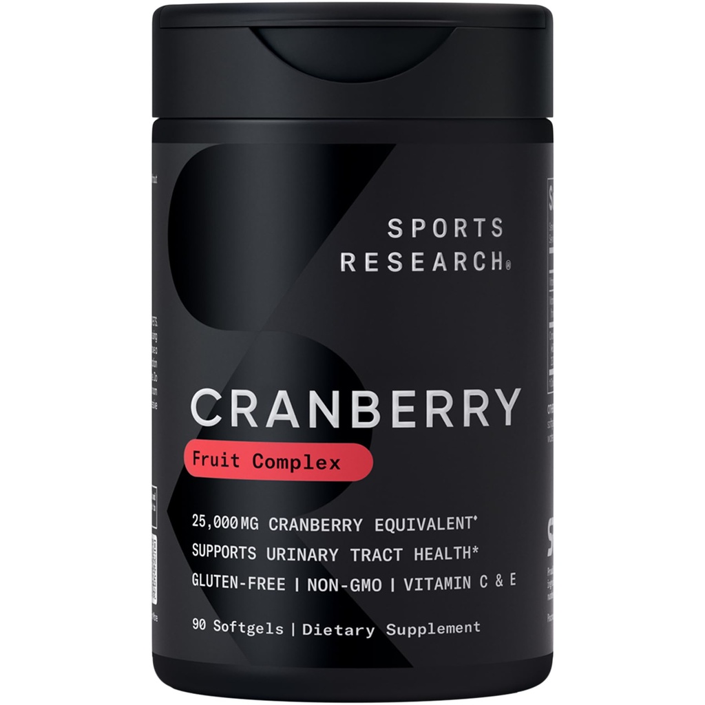 Recherche sportive Supplément complexe de fruits de canneberge - Softgels pour le soutien de la santé de piège urinaire - Égal à 25 000 mg de canneberges, fabriqués avec du pacran et des vitamines C & E - Non-OGM et sans gluten - 90 Compte