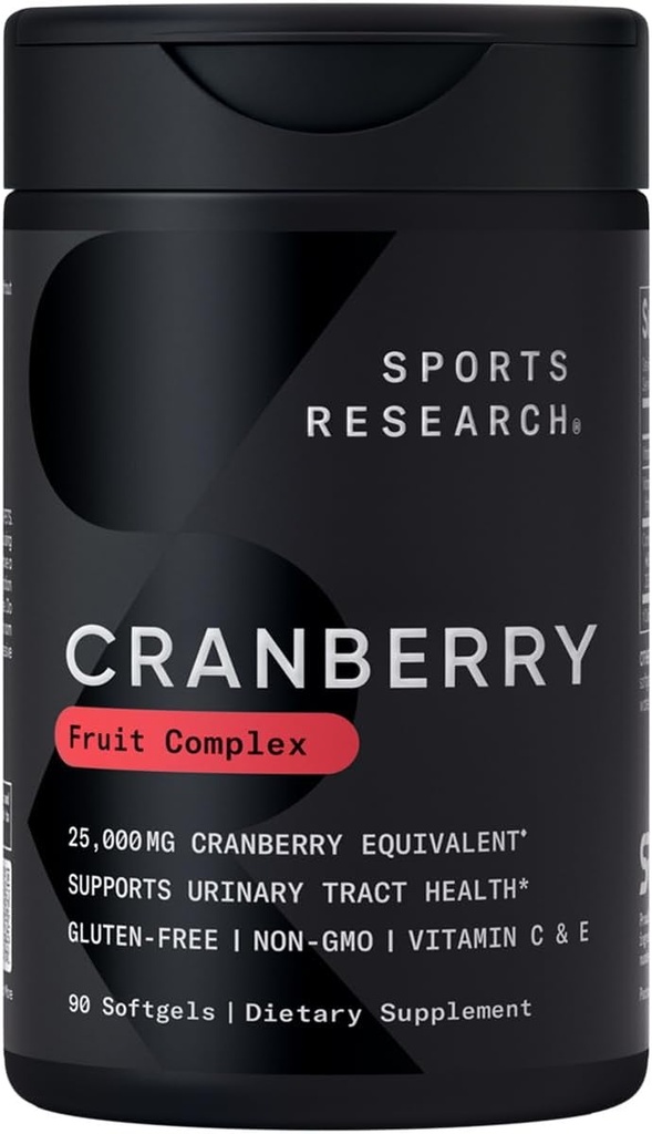 Recherche sportive Supplément complexe de fruits de canneberge - Softgels pour le soutien de la santé de piège urinaire - Égal à 25 000 mg de canneberges, fabriqués avec du pacran et des vitamines C & E - Non-OGM et sans gluten - 90 Compte
