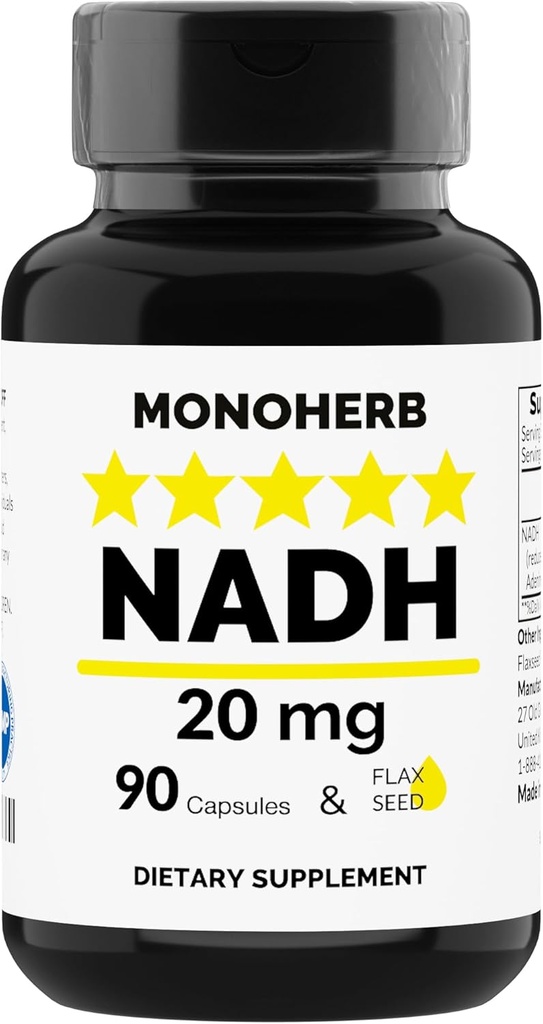 MONOHERB NADH 20 mg - 90 gélules végétariennes - Supplément dinucléotidique réduit en nicotinamide Adenine