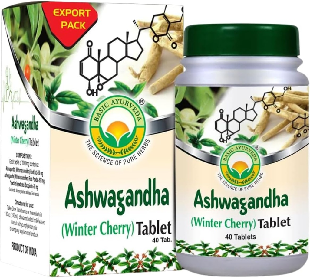 AYURVEDA BASIC Comprimés Ashwagandha - 1000mg de supplément à base de plantes de cerise d'hiver Formule à base de plantes pour la routine quotidienne Extrait de racine naturelle pour les hommes et les femmes