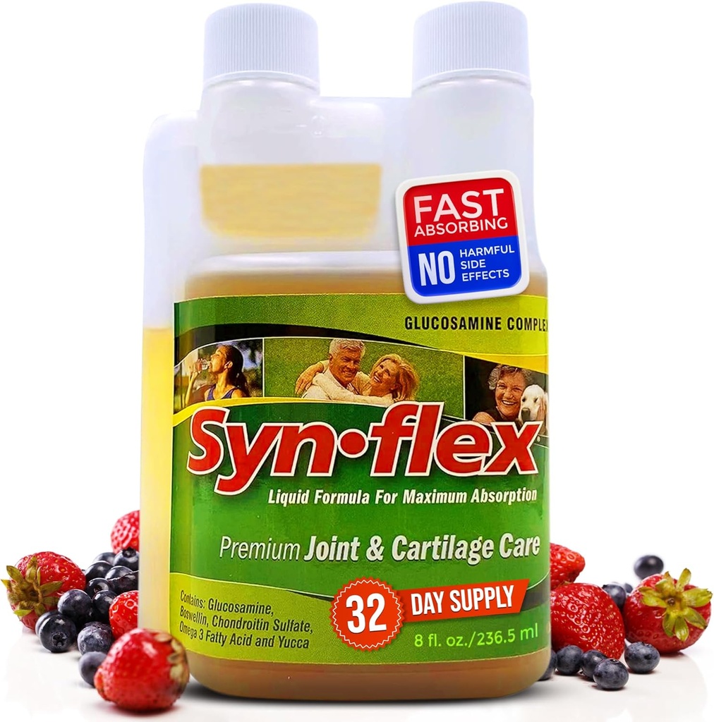 Formule d'origine Synflex Glucosamine liquide - Chondroïtine, Vitamines, Minéraux - Supplément boisson pour les hommes et les femmes, aide à soutenir la santé des articulations et du cartilage - Berry Flavor, 32 jours