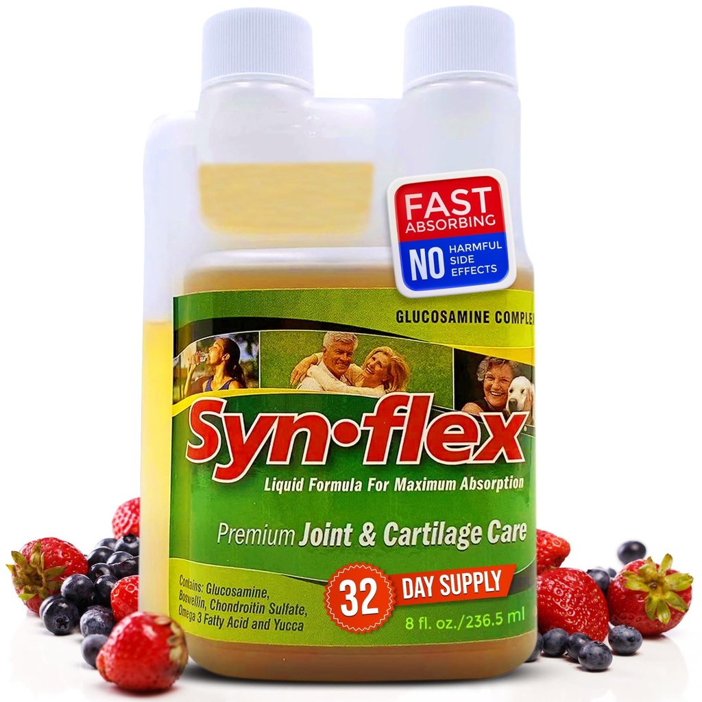 Formule d'origine Synflex Glucosamine liquide - Chondroïtine, Vitamines, Minéraux - Supplément boisson pour les hommes et les femmes, aide à soutenir la santé des articulations et du cartilage - Berry Flavor, 32 jours