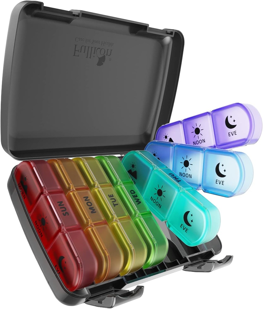 Organisateur de pilules 3 fois par jour, Fullicon Large Weekly Pill Case 7 jours, boîte à pilules quotidienne avec 21 compartiments, distributeur de pilules pour pilules/vitamine/huile de poisson - multi-colores