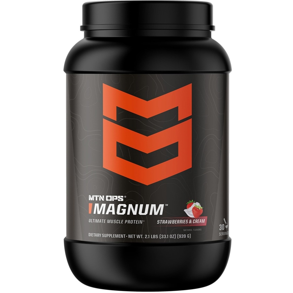 MTN OPS Magnum Poudre de protéines de fraise, 23g de protéines de lactosérum et de protéines de lait avec BCAA, Zéro sucre et sans gluten, fraises et crème, Tub de 30 portions