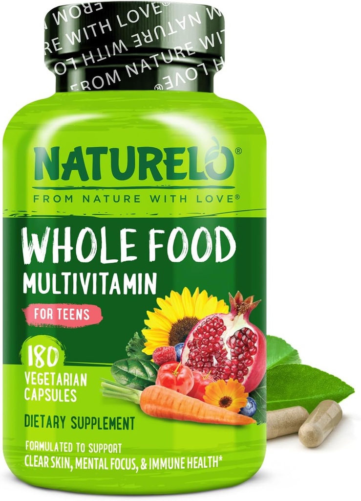 NATURELO Adolescents Multivitamine - Multivitamine d'aliments entiers - avec minéraux pour adolescents Garçons et filles - Supplément pour enfants actifs - Non-OGM - Végétariens et végétariens - 180 capsules