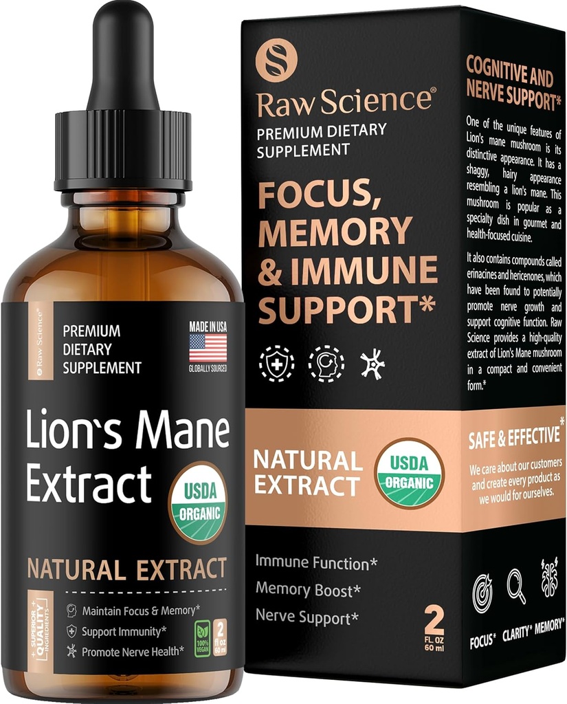 Extrait de complément de la Mane des Lions organiques - Supplément de soutien du cerveau nootropique liquide - La Mane des Lions pour une meilleure concentration mentale et clarté - Lion's Mane Liquide - Supplément de champignons nootropiques - Vegan, 2 fl oz