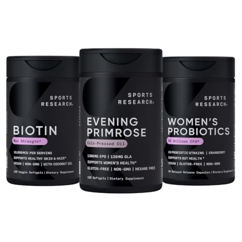 Recherche sportive Supplément Primrose de l'huile pressée froide, Biotine végétalienne 10 000mcg avec huile de coco et probiotiques pour femmes avec prébiotiques, 65 milliards CFU