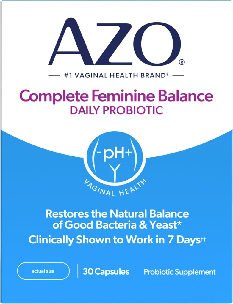 AZO Complete Feminine Balance Daily Probiotics for Women, cliniquement prouvé pour aider à protéger la santé vaginale, aide à équilibrer le pH et la levure, non-OGM, 30 Compte