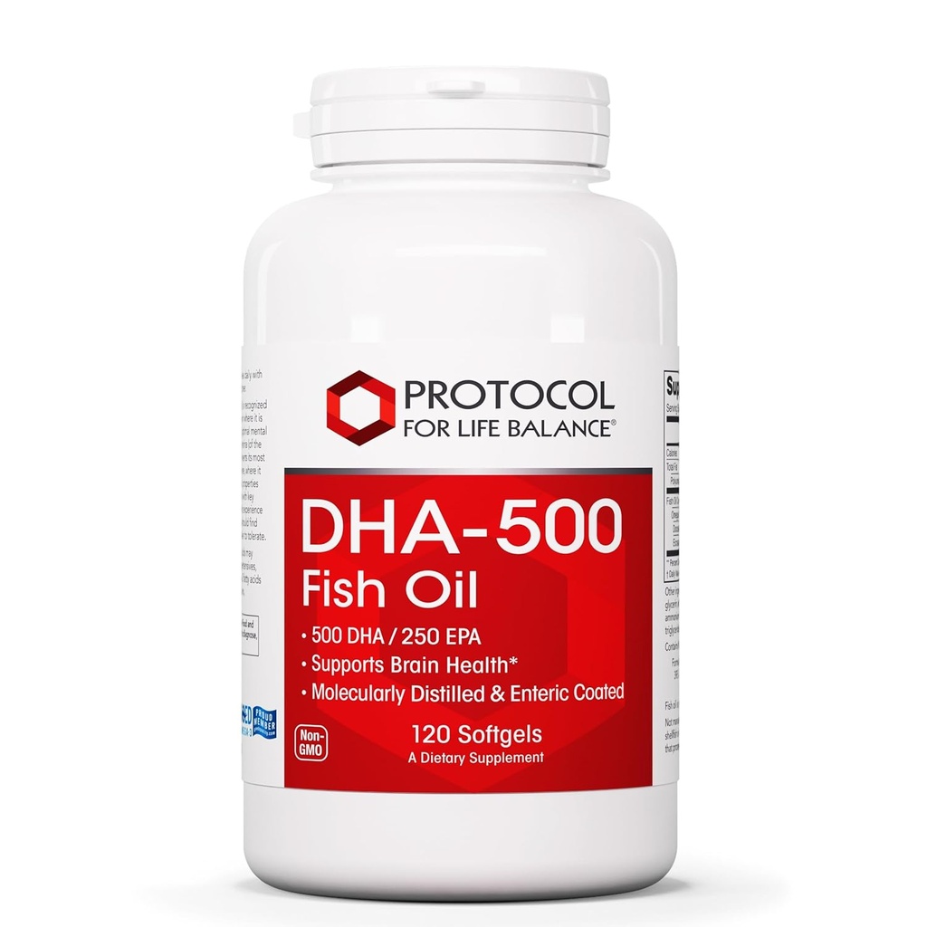 PROTOCOLE POUR LA BALANCE VIE DHA-500 - DHA 500mg & EPA 250mg - Supplément huile de poisson - Santé du cerveau et soutien - Digestion facile - Non-OGM et Halal - 120 Softgels