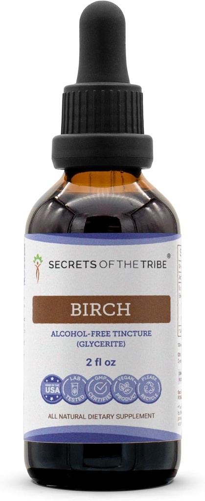 Secrets de la teinture de bouleau de Tribe Extrait liquide sans alcool, bouleau (Betula Pendula) Feuille séchée (2 FL OZ)