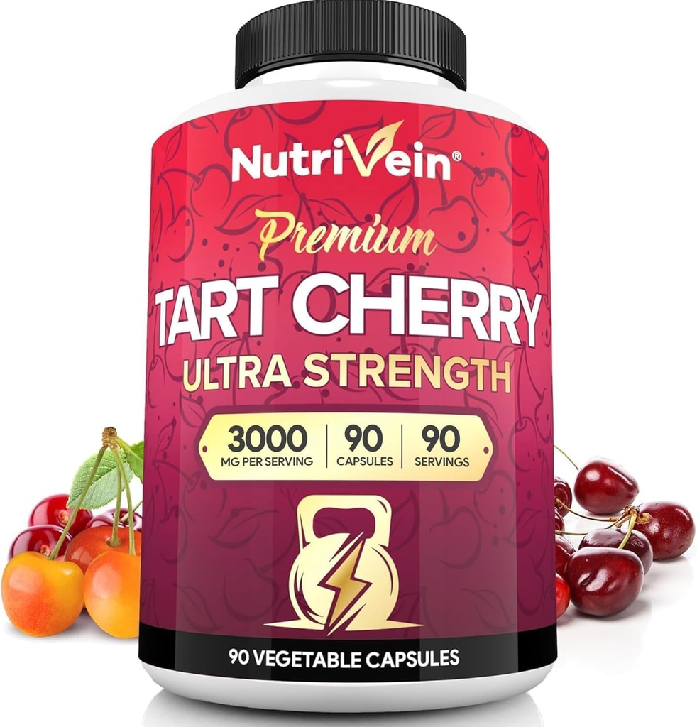Nutrivein Premium Tart Cherry Capsules 3000mg: Supplément d'extrait de cerise pour la récupération post-athlétique, la désintoxication, le repos et la mobilité