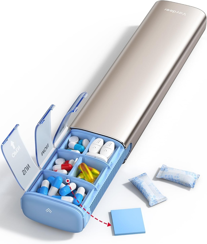 Vaydeer Organisateur hebdomadaire de pilules de 7 jours (support 2 fois par jour), Cas de pilules de voyage en métal, Boîte quotidienne de pilules de forte capacité pour suppléments, pilules, vitamines et médicaments (Champagne), 8.3*2.1*1.2 En pouces