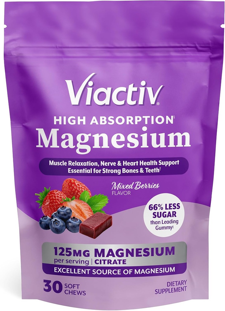 Viactiv Magnésium Chews, Citrate de magnésium à haute absorption, baies mélangées Saveur avec moins de sucre que les principaux Gommies de magnésium, 30ct, 1pc service