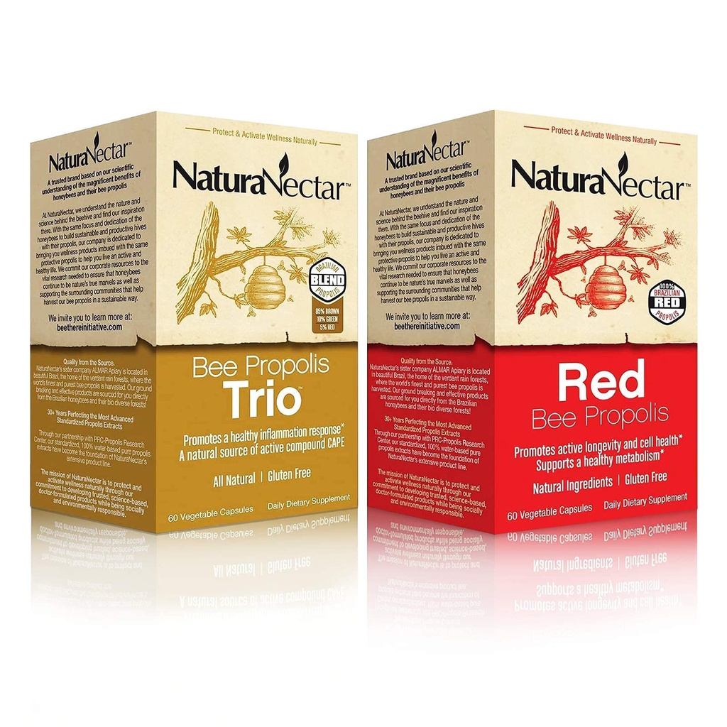 Groupe de Propolis d'abeilles naturelles NaturaNectar - Trio et Propolis rouge - pour le soutien immunitaire et cardiovasculaire et un métabolisme sain* - 60 Capsules par bouteille