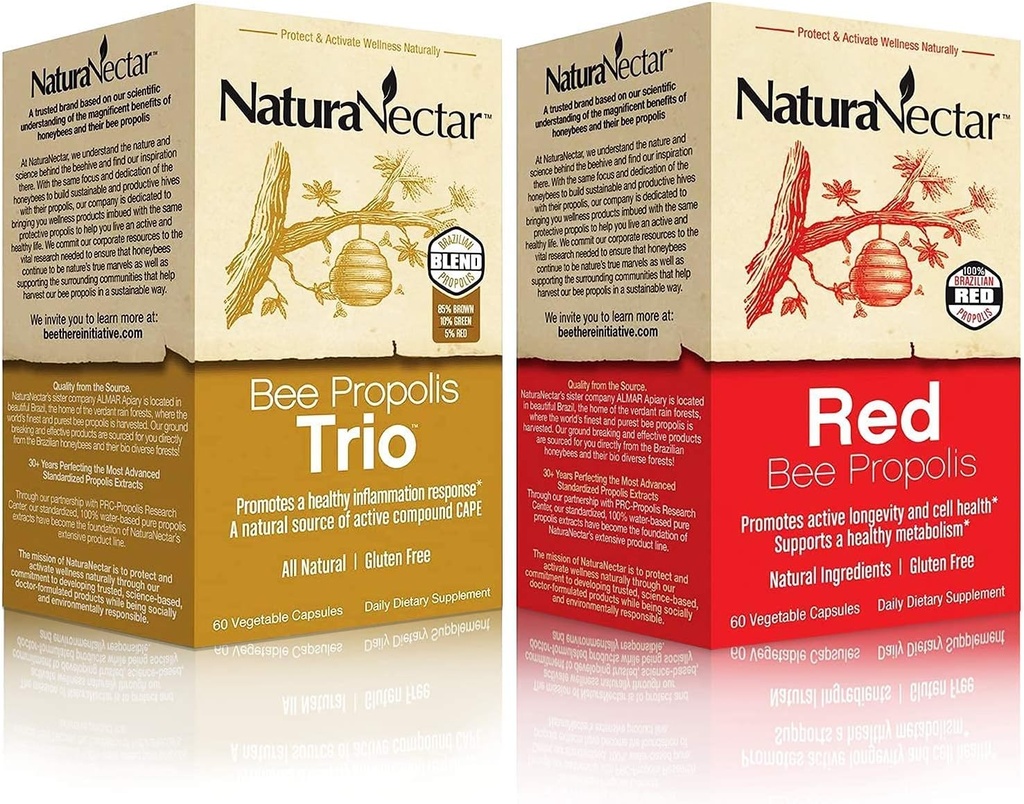 Groupe de Propolis d'abeilles naturelles NaturaNectar - Trio et Propolis rouge - pour le soutien immunitaire et cardiovasculaire et un métabolisme sain* - 60 Capsules par bouteille