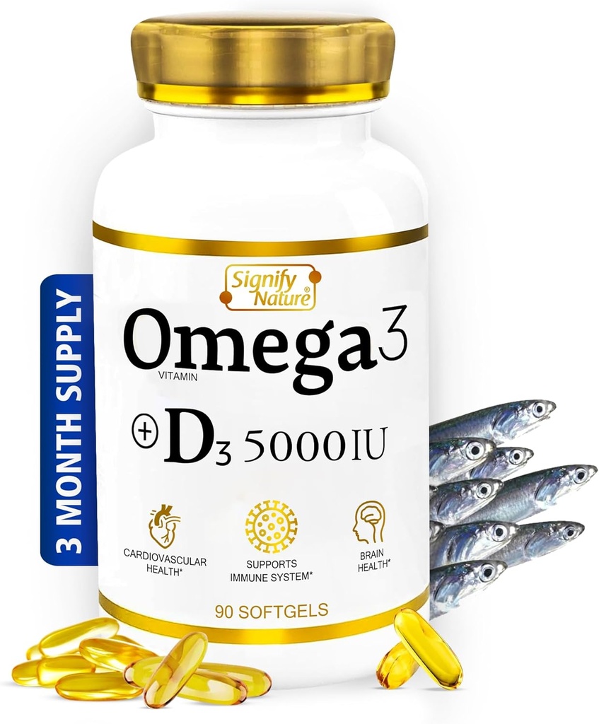 SIGNIFY NATURE Omega 3 Supplément huile de poisson avec vitamine D3 5000 UI - 1000mg Triglycérides Capsules pour la santé du cerveau - Omega3 EPA DHA + VIT D 3-90CT
