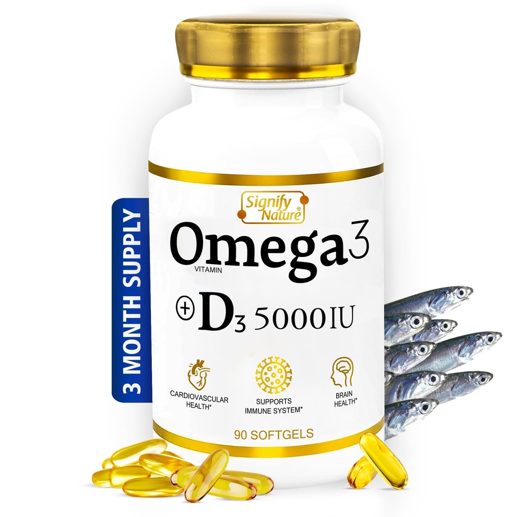SIGNIFY NATURE Omega 3 Supplément huile de poisson avec vitamine D3 5000 UI - 1000mg Triglycérides Capsules pour la santé du cerveau - Omega3 EPA DHA + VIT D 3-90CT