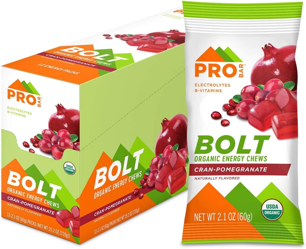 PROBAR - BOLT Énergie biologique Chews, grenade aux canneberges, non-OGM, sans gluten, USDA certifié biologique, saine, énergie naturelle, carburant rapide avec vitamines B & C (12 comte)