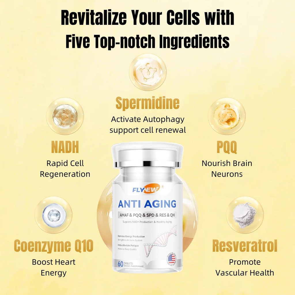 Anti-âge, resvératrol, NADH& PQQ, Cheveux sains, peau et ongles, santé cellulaire, spermidine, Ubiquinol, GMP, fabriqués aux États-Unis 60 capsules