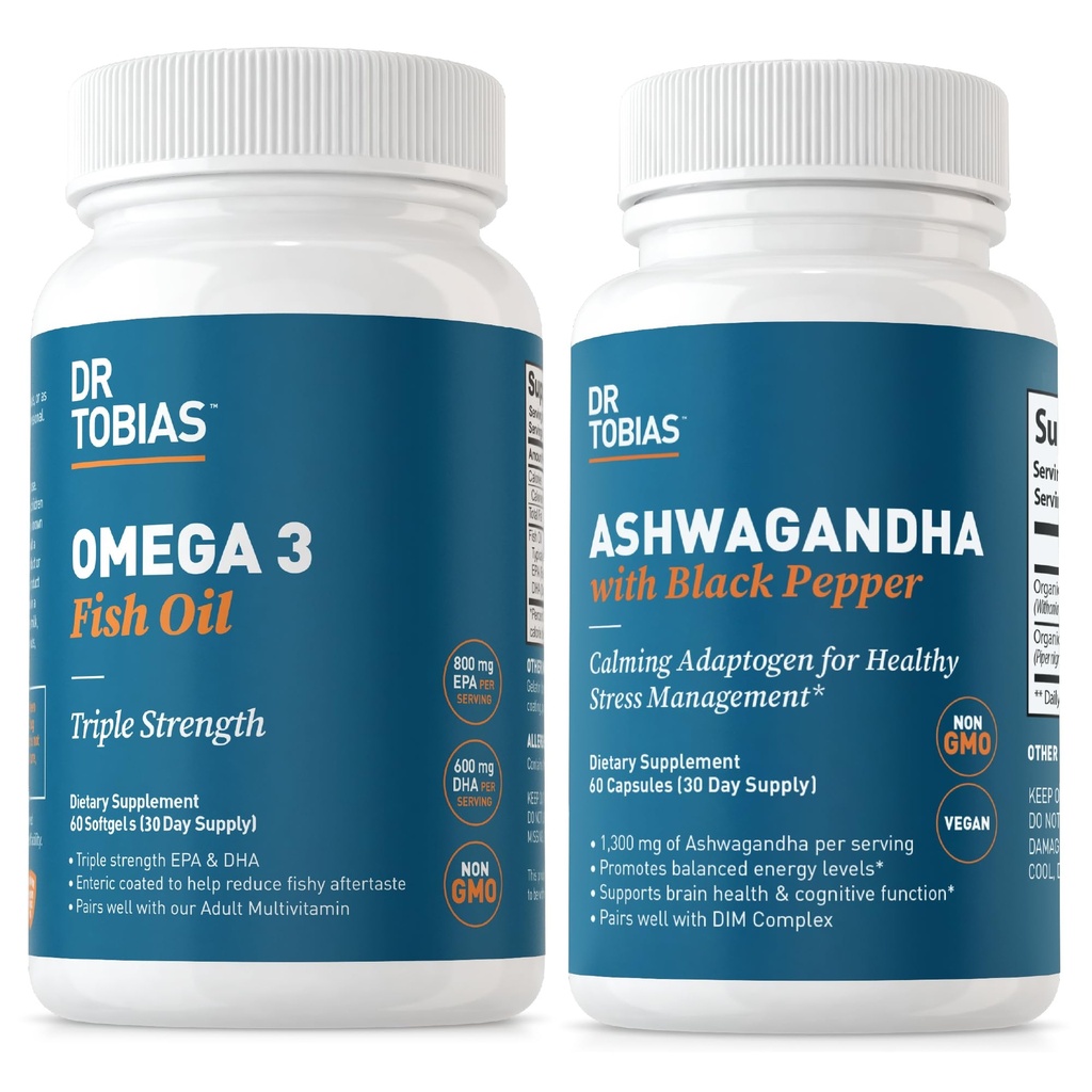 Dr Tobias Omega 3 Huile de poisson et Capsules d'Ashwagandha, Soutien général et équilibré énergie et résilience, non OGM