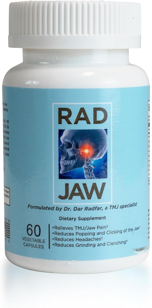 RAD JAW - Supplément TMJ pour les femmes et les hommes, Relief TMJ à base d'éléments nutritifs, soutien au désagrément de la mâchoire, cibles Douleur, popping, clic, broyage, collage (Bruxisme) et autres symptômes, 60 capsules végétales