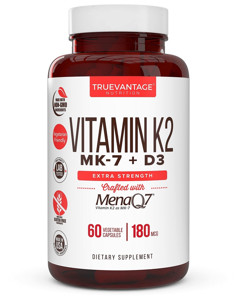 Supplément Vitamine K2 D3 5000 UI D3 et 180 mcg Supplément Vitamine k2 MK7 pour les os sains, le coeur sain et la santé cardiovasculaire-60 Facile à avaler Bonnets végétaux de MenaQ7 K2 MK7