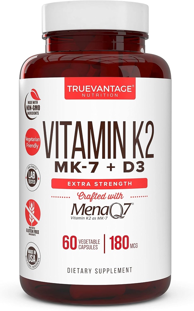 Supplément Vitamine K2 D3 5000 UI D3 et 180 mcg Supplément Vitamine k2 MK7 pour les os sains, le coeur sain et la santé cardiovasculaire-60 Facile à avaler Bonnets végétaux de MenaQ7 K2 MK7