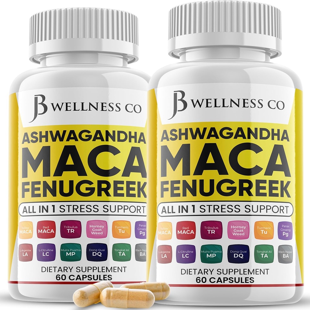 Supplément Fenugreek à la racine de Maca Ashwagandha avec Tongkat Ali Ginseng - Aide à l'humeur et à la santé thyroïde - Fabriqué aux États-Unis - 120 Compte
