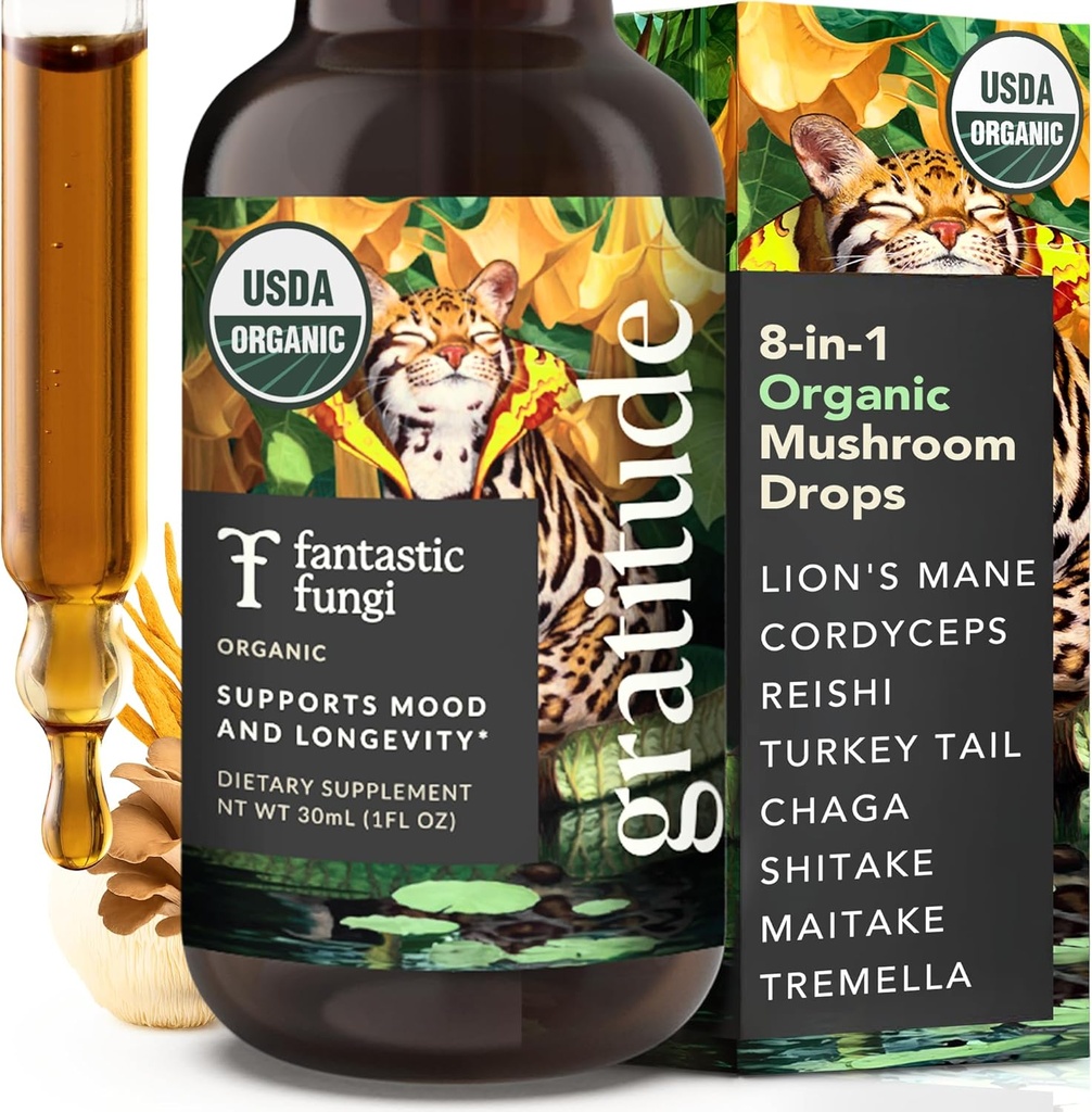 Fantastic Fungi Mushroom Extract - 8-in-1 Organic Complex Mushroom Supplement with Cordyceps, Reishi, Lion’s Mane, Chaga, Turkey Tail, Shiitake, Maitake & Tremella - Adaptogen Liquid Tincture, 1 fl oz