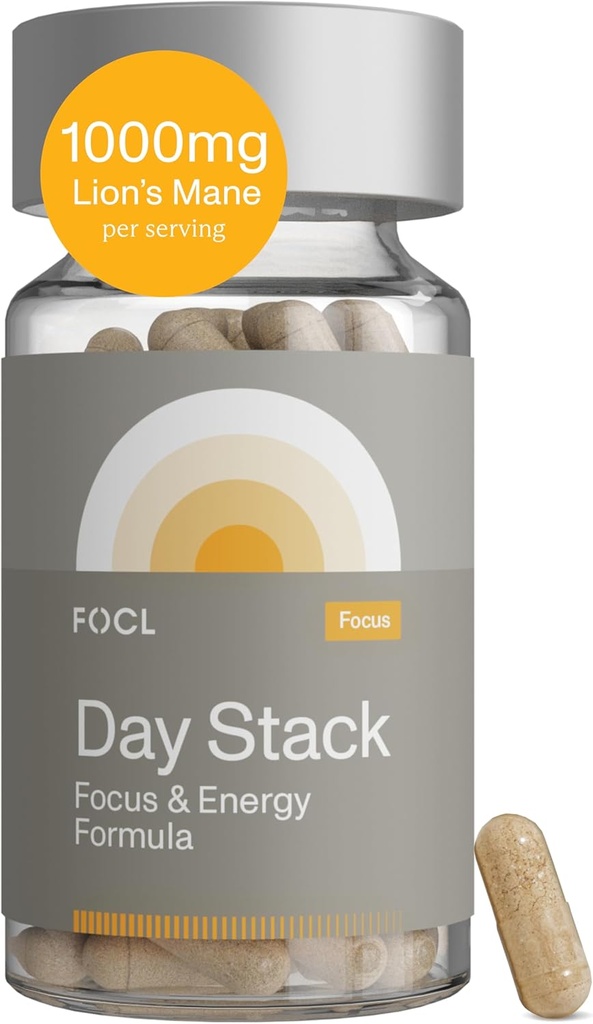 Supplément FOCL Focus pour Adultes - Capsules de supplément Lions Mane pour une meilleure concentration, mémoire, esprit calme, performance cognitive et soulagement du stress - Solution naturelle de santé cérébrale nootropique + Boost énergétique