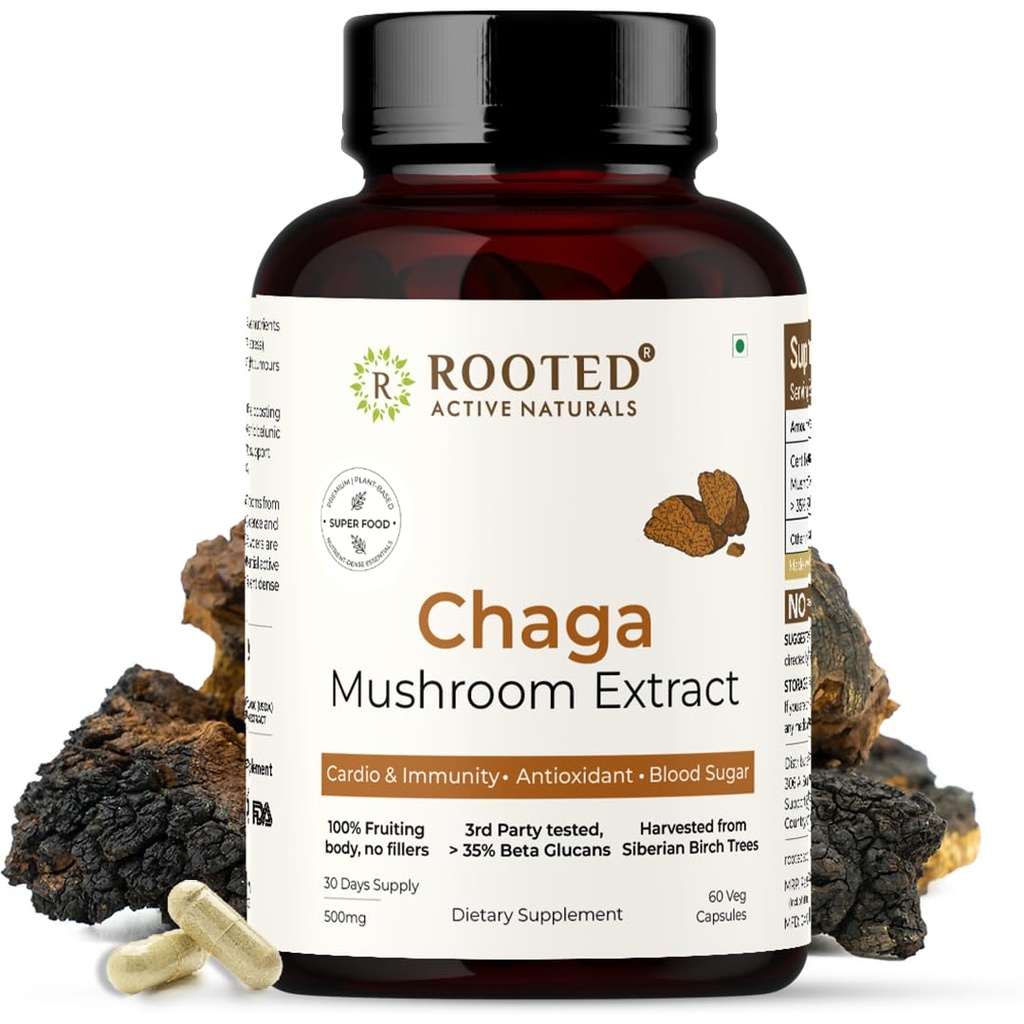 Actif ROOTÉ, extrait de champignons chaga sibériens, certifié biologique de 35 % Beta Glucans - Laboratoire vérifié de soutien antioxydant et de vitalité (60 capsules de légumes)