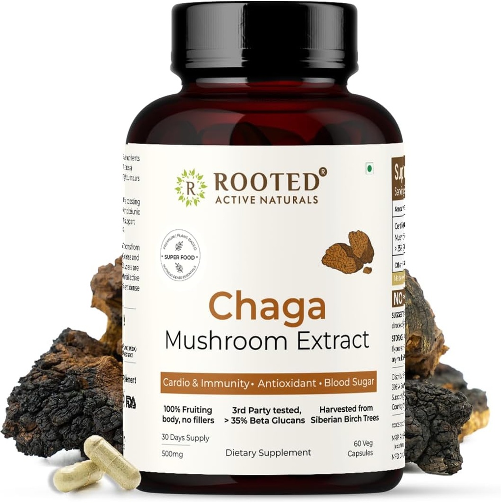 Actif ROOTÉ, extrait de champignons chaga sibériens, certifié biologique de 35 % Beta Glucans - Laboratoire vérifié de soutien antioxydant et de vitalité (60 capsules de légumes)