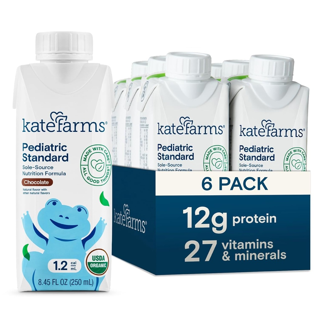 KATE FARMS Organic Pediatric 1.2 Chocolat à haute teneur en calories Nutrition Shake, 12g Protéines, 27 Vitamines et minéraux, Remplacement des repas, 8,45 oz (6 pack)