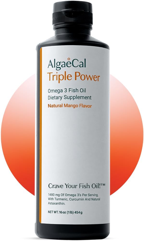 ALGAECAL Triple Power 1200mg EPA & DHA Omega 3 supplément huile de poisson, soutien cerveau, coeur, peau et os, goût de mangue d'émulsion liquide, Burp-moins, sans sucre, fabriqué aux États-Unis