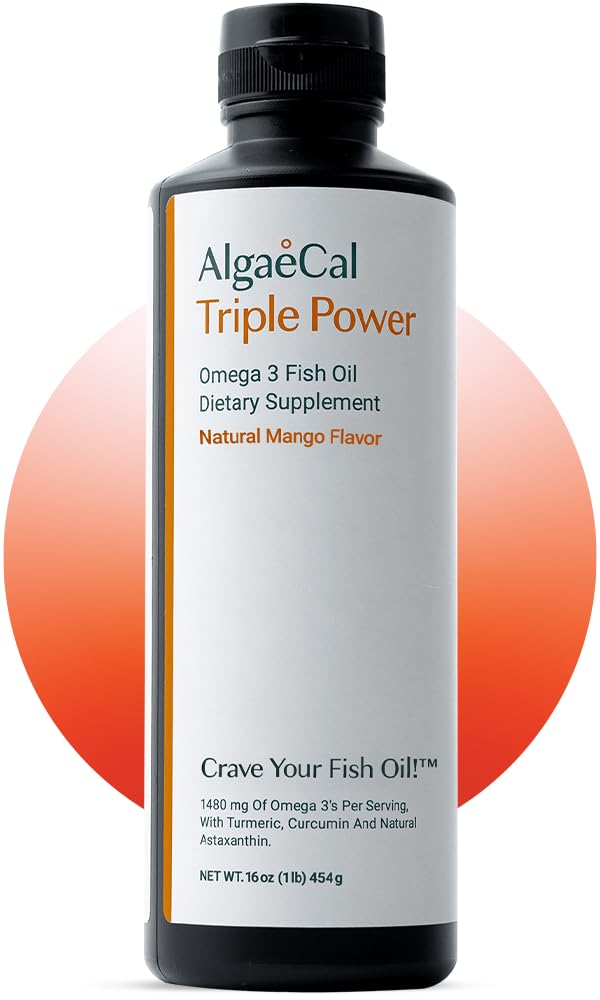 ALGAECAL Triple Power 1200mg EPA & DHA Omega 3 supplément huile de poisson, soutien cerveau, coeur, peau et os, goût de mangue d'émulsion liquide, Burp-moins, sans sucre, fabriqué aux États-Unis