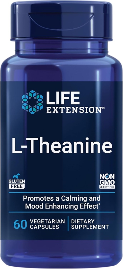 Life Extension L-Theanine, Amino Acid theanine, Calm, Relaxation, Mood, Gluten-Free, Non-GMO, Vegetarian, 200 mg, 60 Capsules